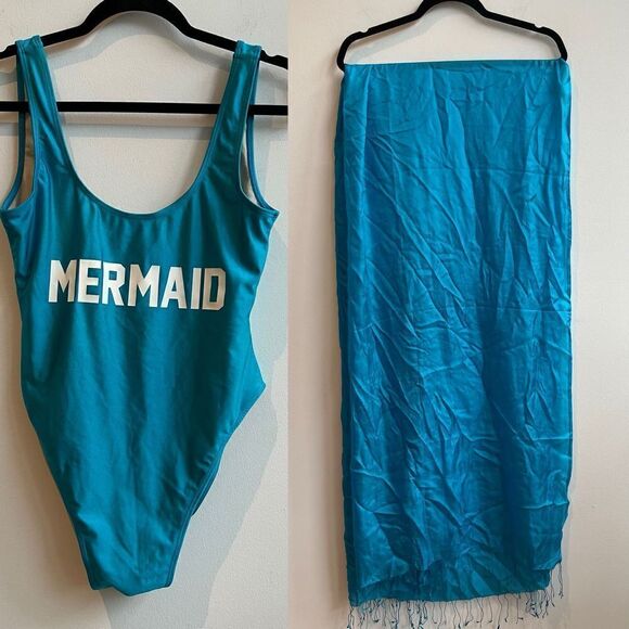 Private Party Teal ‘Mermaid’ One Piece Swimsuit w/ matching silk sarong - M/L - Picture 1 of 11